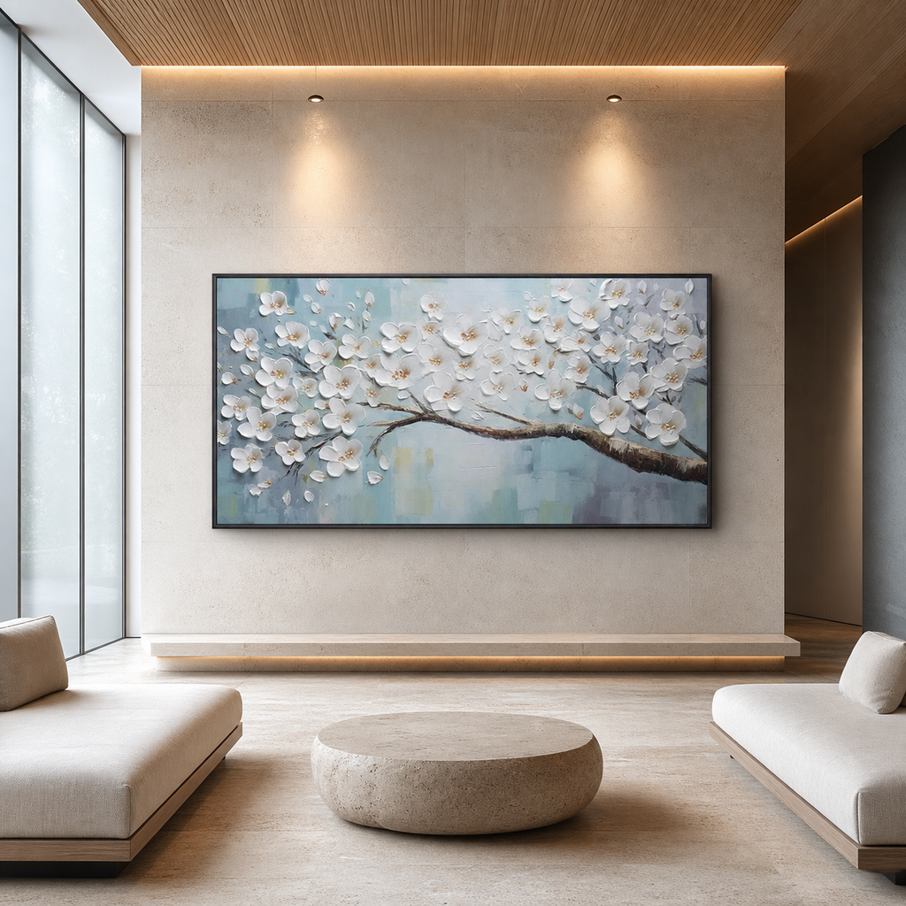 WHITE BLOSSOMS: White Petals Soft Blue Background Textured Canvas