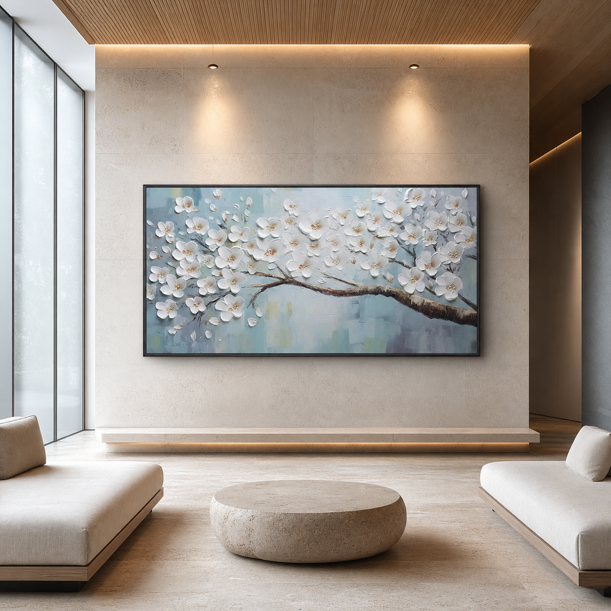 WHITE BLOSSOMS: White Petals Soft Blue Background Textured Canvas
