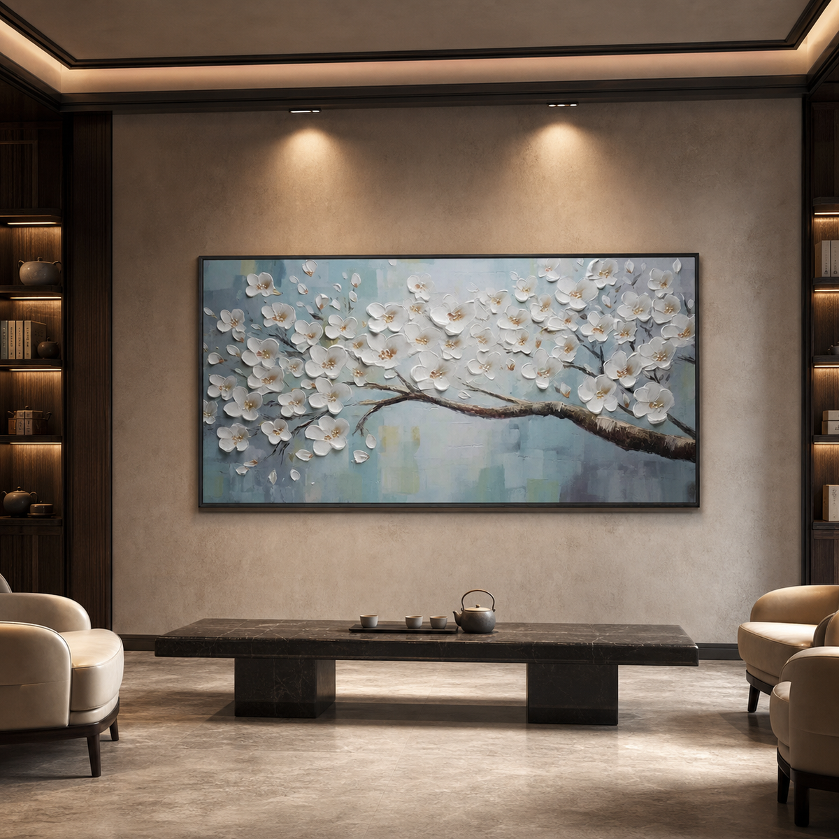 WHITE BLOSSOMS: White Petals Soft Blue Background Textured Canvas