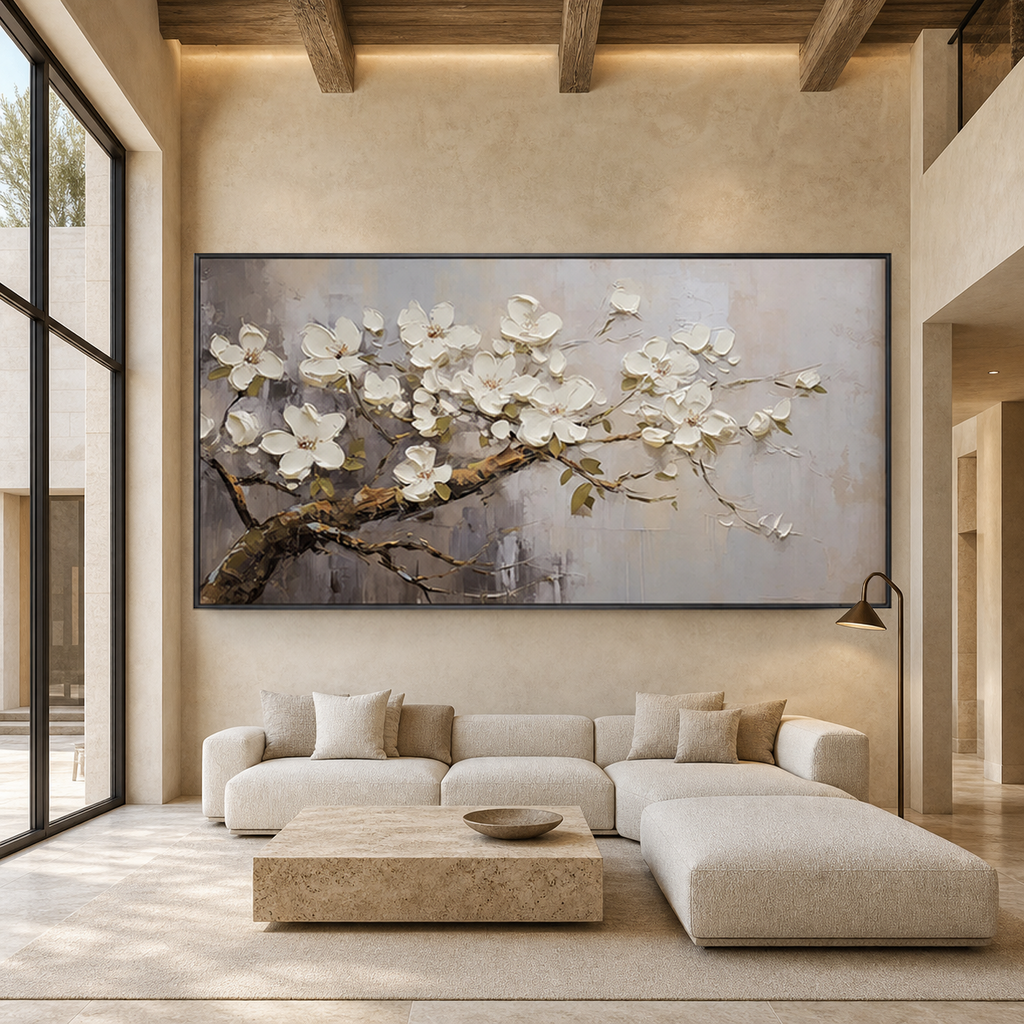 WHITE BLOSSOMS: Soft Grey White Impasto Floral Panoramic Romantic Canvas