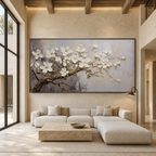 WHITE BLOSSOMS: Soft Grey White Impasto Floral Panoramic Romantic Canvas