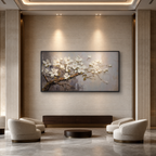 WHITE BLOSSOMS: Soft Grey White Impasto Floral Panoramic Romantic Canvas