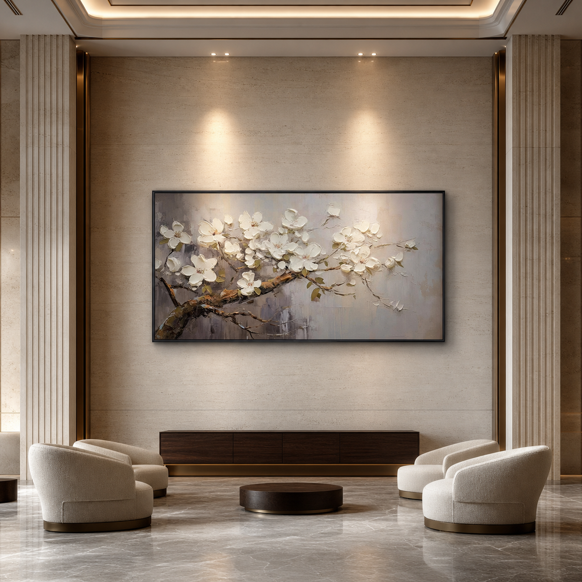 WHITE BLOSSOMS: Soft Grey White Impasto Floral Panoramic Romantic Canvas