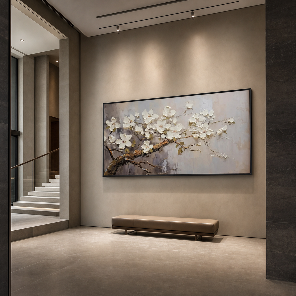 WHITE BLOSSOMS: Soft Grey White Impasto Floral Panoramic Romantic Canvas