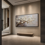 WHITE BLOSSOMS: Soft Grey White Impasto Floral Panoramic Romantic Canvas