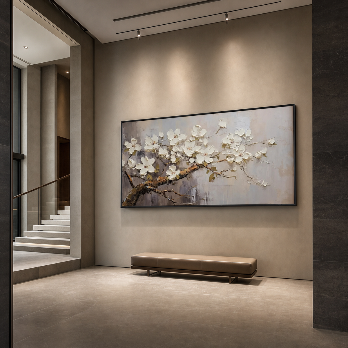 WHITE BLOSSOMS: Soft Grey White Impasto Floral Panoramic Romantic Canvas