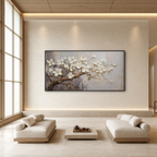 WHITE BLOSSOMS: Soft Grey White Impasto Floral Panoramic Romantic Canvas