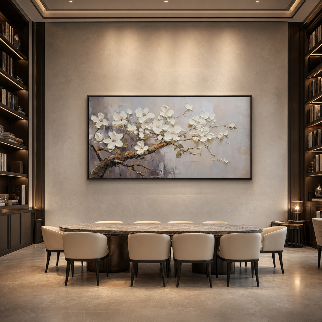WHITE BLOSSOMS: Soft Grey White Impasto Floral Panoramic Romantic Canvas