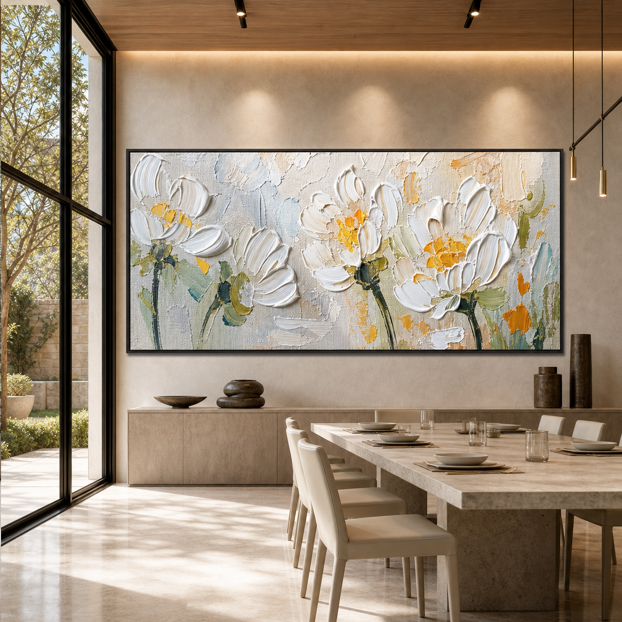 WHITE BLOSSOMS: White Beige Impasto Flowers Textured Parisian Canvas