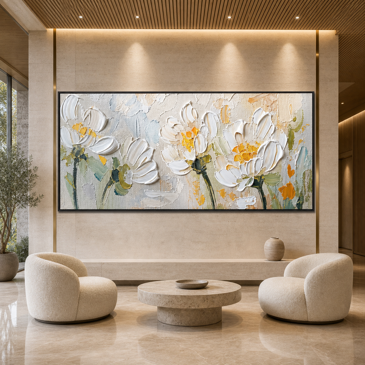 WHITE BLOSSOMS: White Beige Impasto Flowers Textured Parisian Canvas