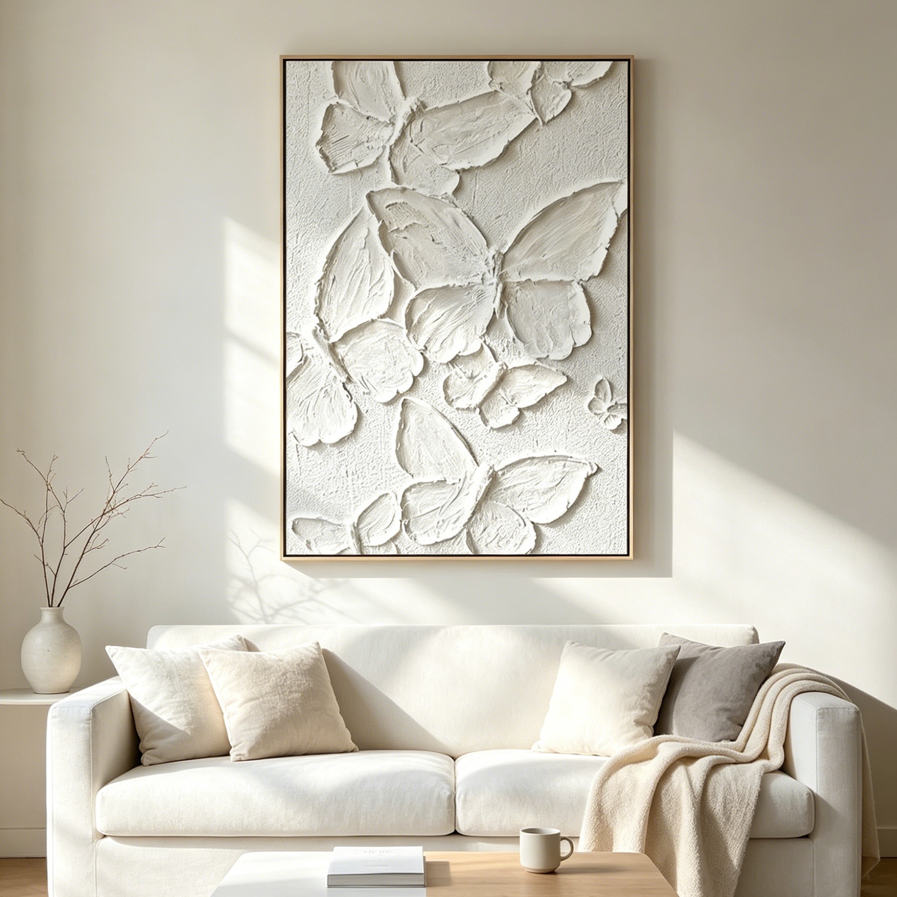 WHITE BUTTERFLIES: 3D Impasto Thick White Butterflies Fluttering Canvas