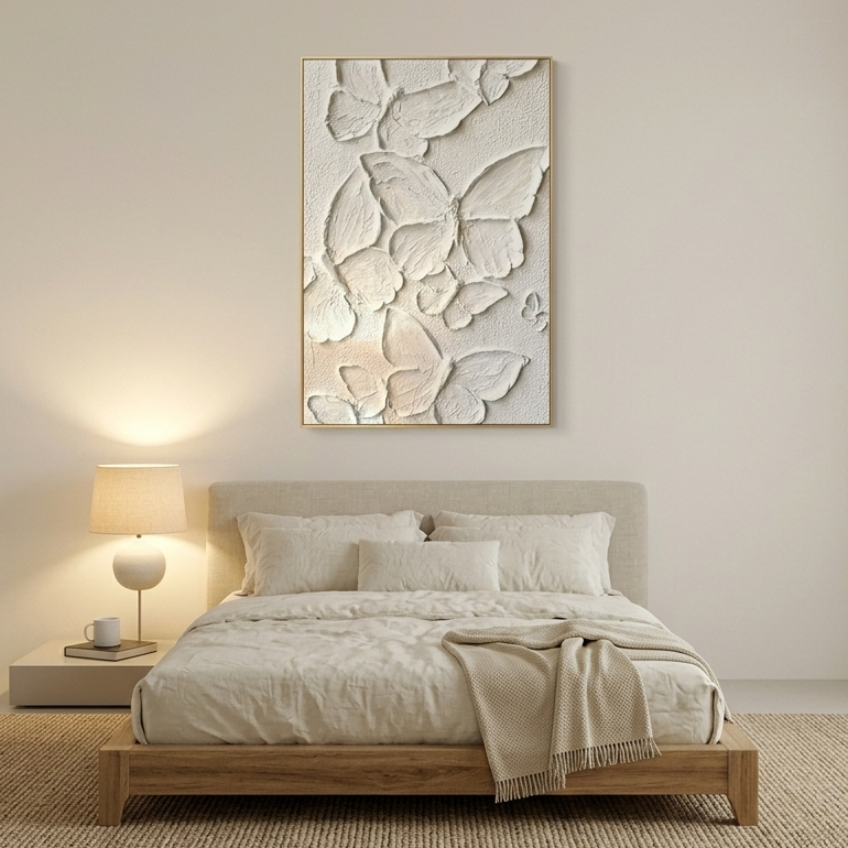 WHITE BUTTERFLIES: 3D Impasto Thick White Butterflies Fluttering Canvas