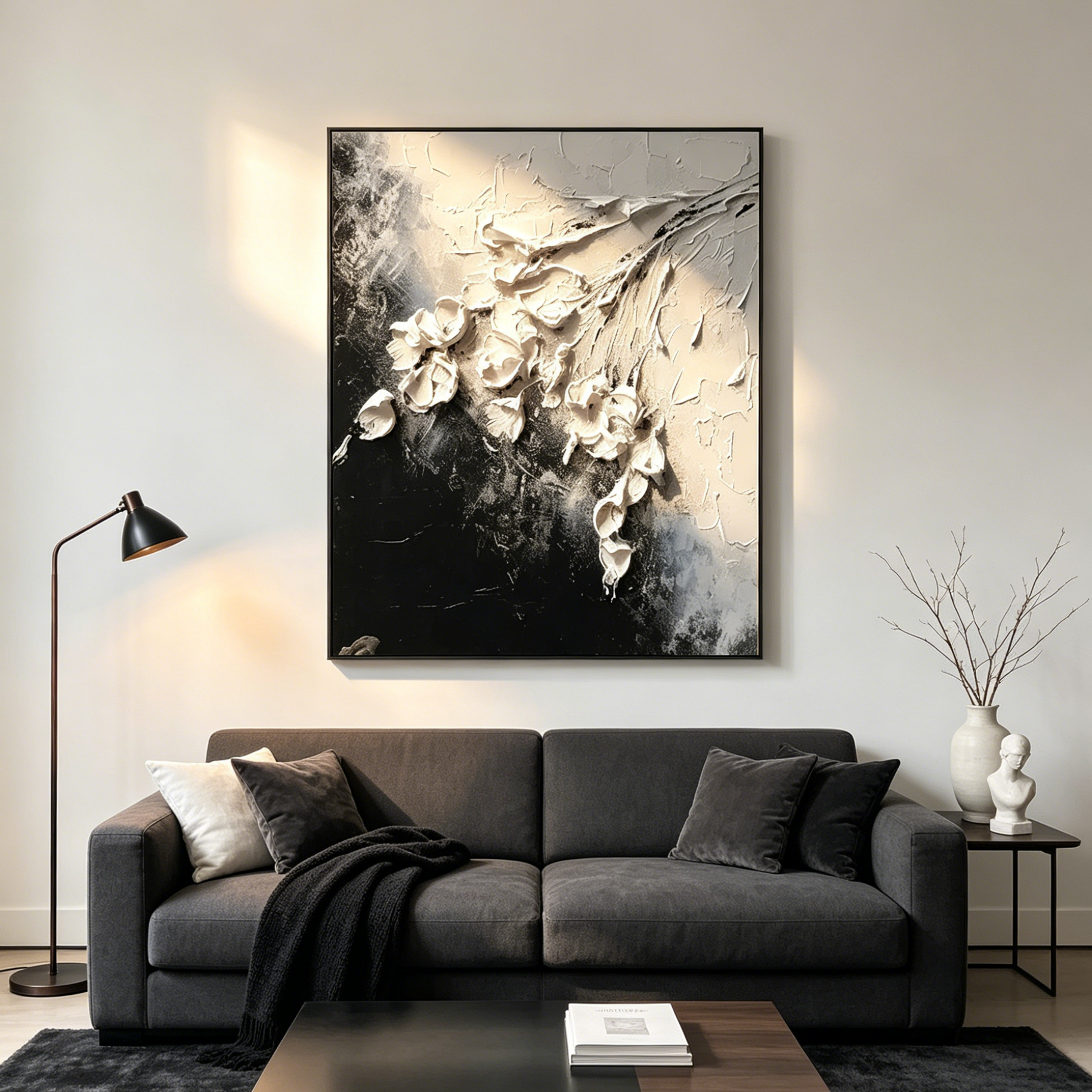 WHITE FLORAL: 3D Textured Impasto White Blossoms Canvas