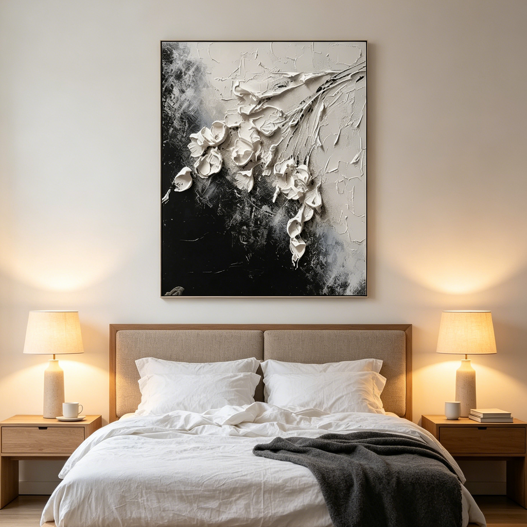 WHITE FLORAL: 3D Textured Impasto White Blossoms Canvas