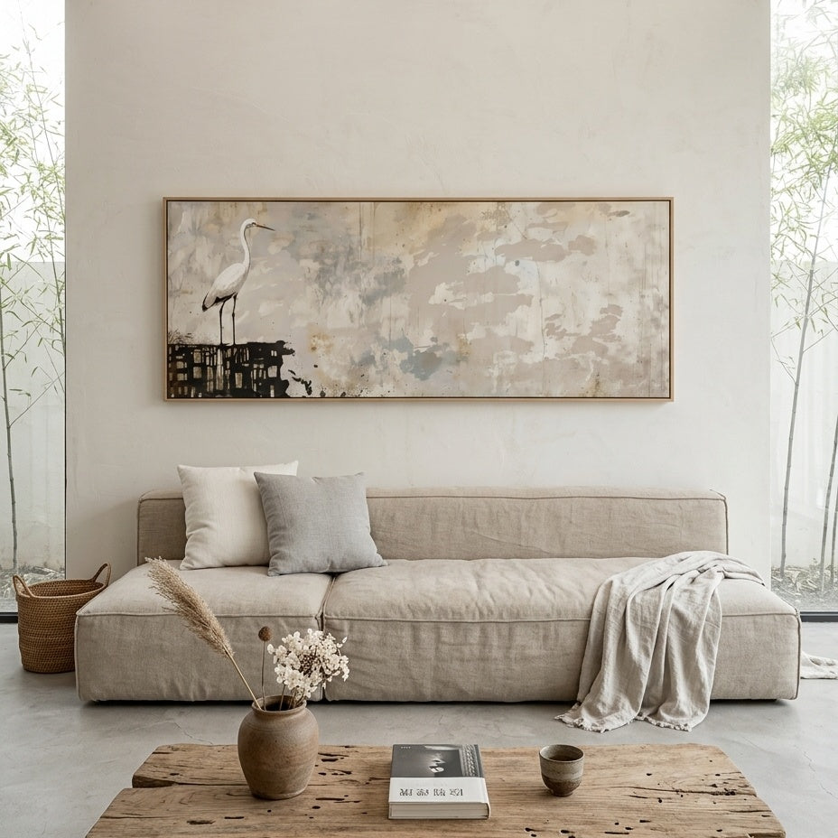 WHITE HERON PANORAMIC: White Heron Still Water Minimalist Texture Canvas