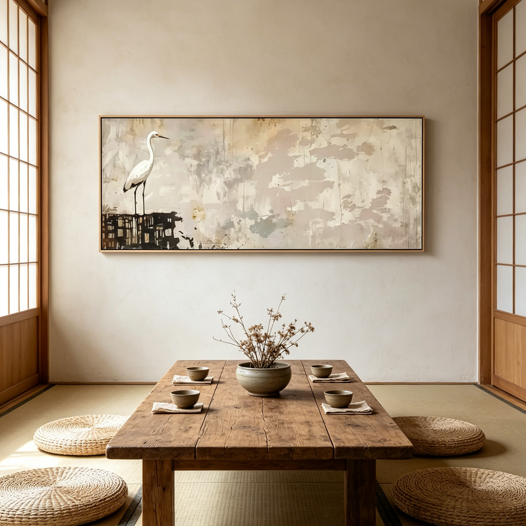 WHITE HERON PANORAMIC: White Heron Still Water Minimalist Texture Canvas