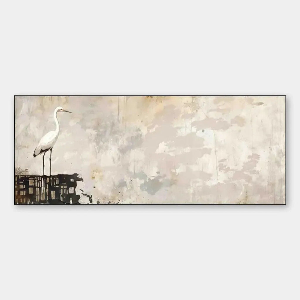 Minimalist panoramic bird art, white heron on textured platform with neutral background, elegant wall decor.