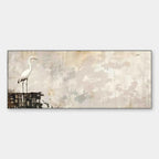Minimalist panoramic bird art, white heron on textured platform with neutral background, elegant wall decor.