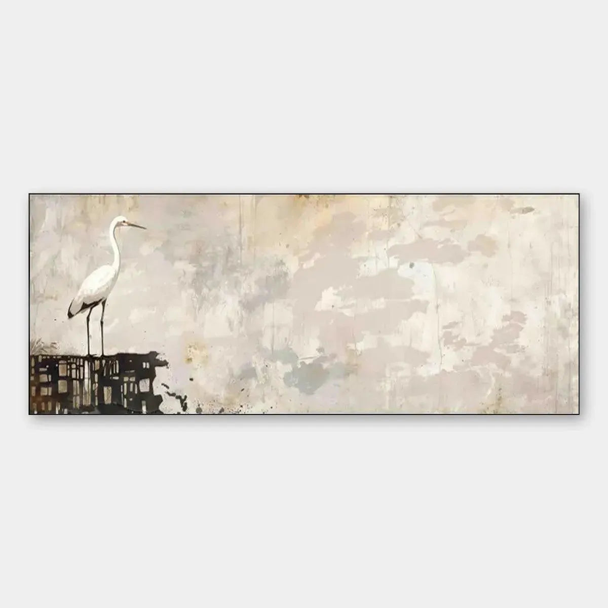 Minimalist panoramic bird art, white heron on textured platform with neutral background, elegant wall decor.