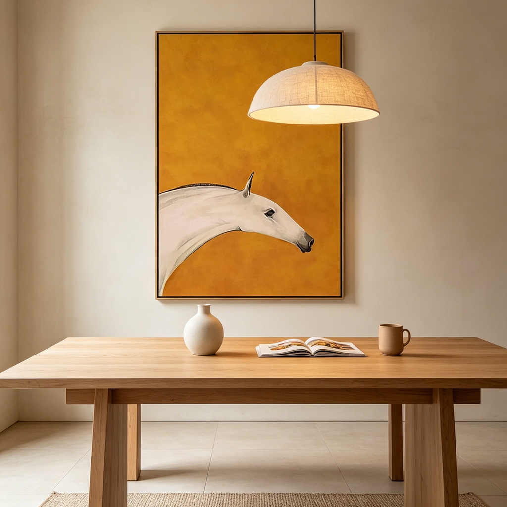 WHITE HORSE ON YELLOW: Minimalist White Horse Vibrant Yellow Background Canvas