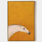 White Horse on Yellow by Javier Ramirez: Minimalist horse art, vertical wall decor, museum-quality oil painting.