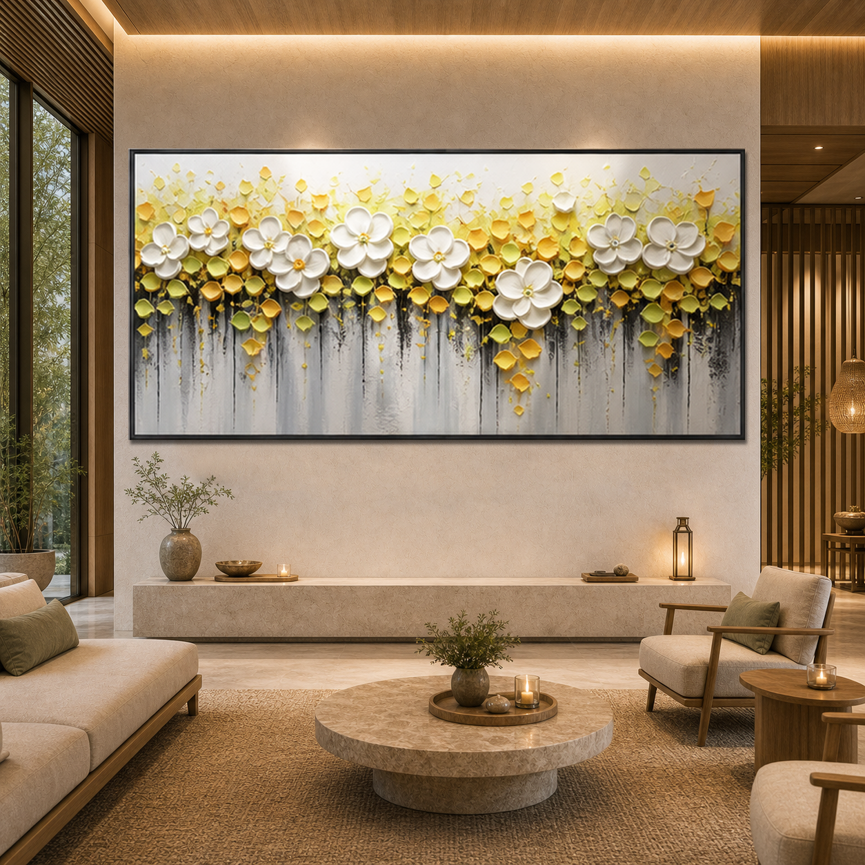 WHITE MAGNOLIAS: Yellow Green Parisian Textured Canvas