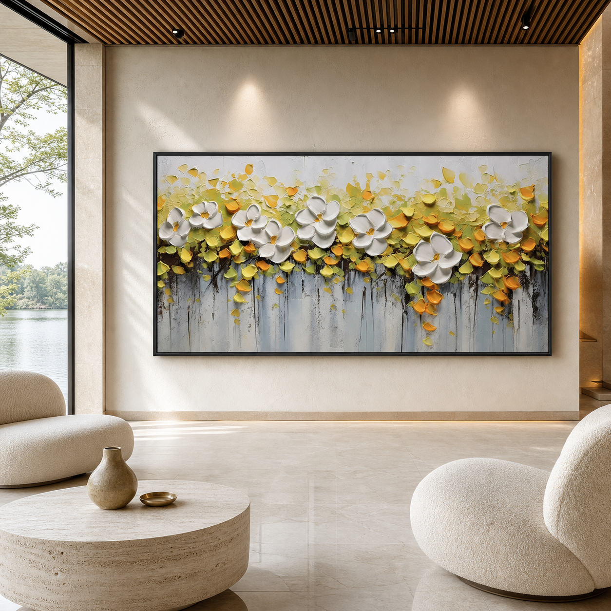 WHITE MAGNOLIAS: Yellow Green Parisian Textured Canvas