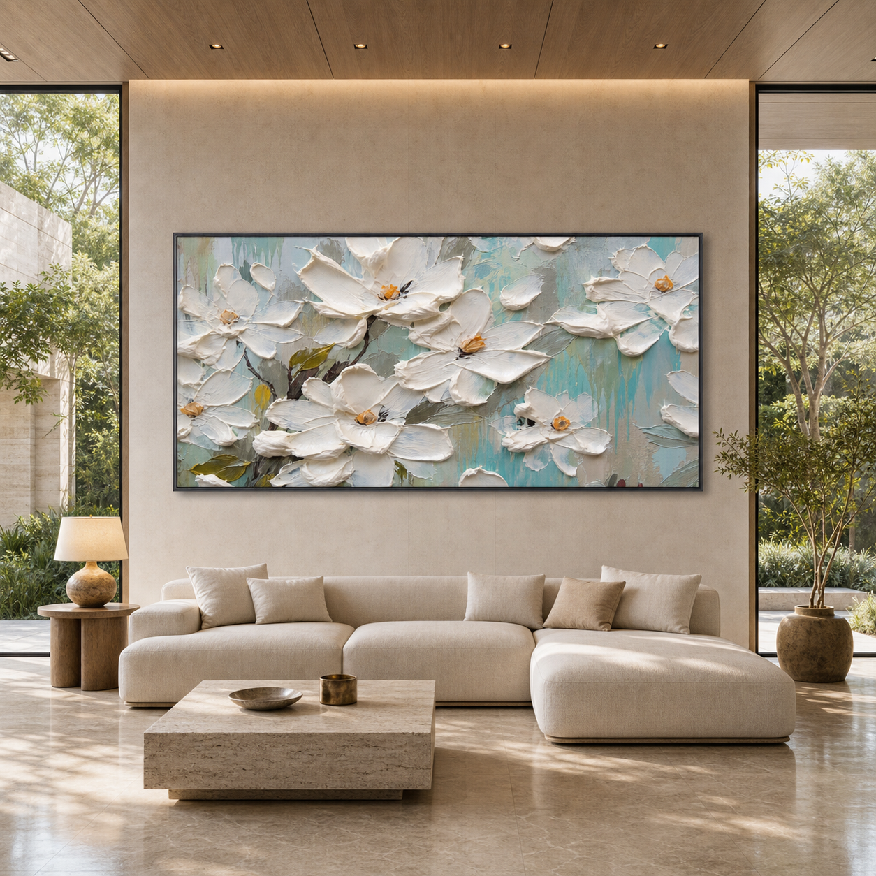 WHITE MAGNOLIA BLOSSOMS: White Magnolia Textured Impressionist Panoramic Canvas