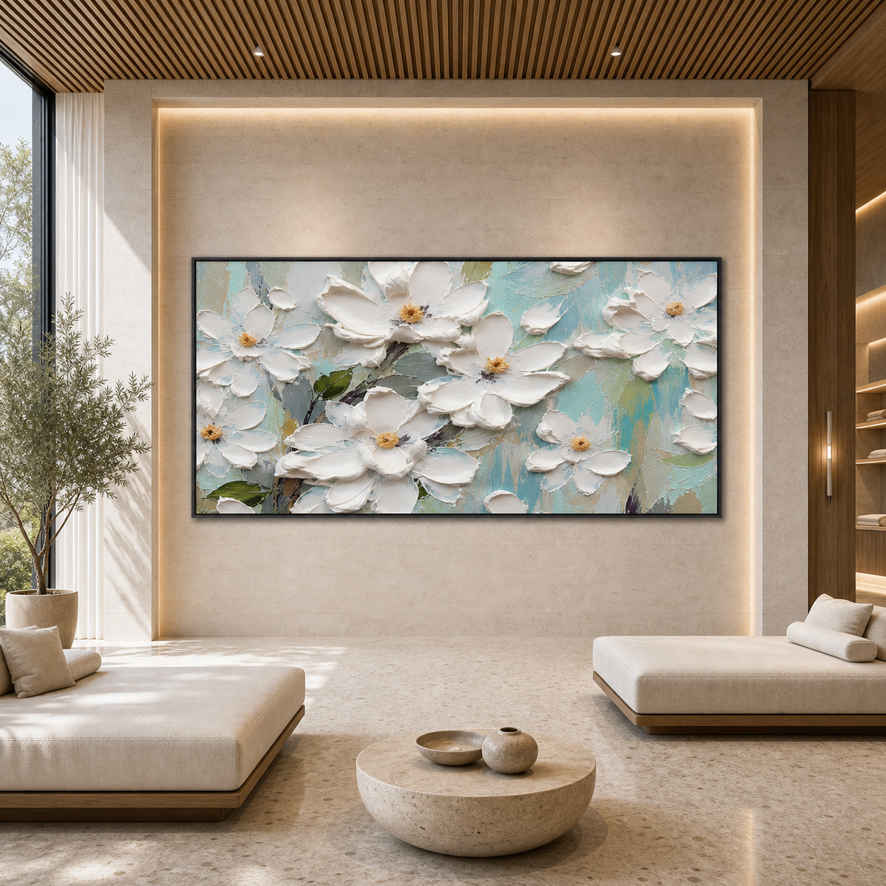 WHITE MAGNOLIA BLOSSOMS: White Magnolia Textured Impressionist Panoramic Canvas