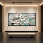 WHITE MAGNOLIA BLOSSOMS: White Magnolia Textured Impressionist Panoramic Canvas