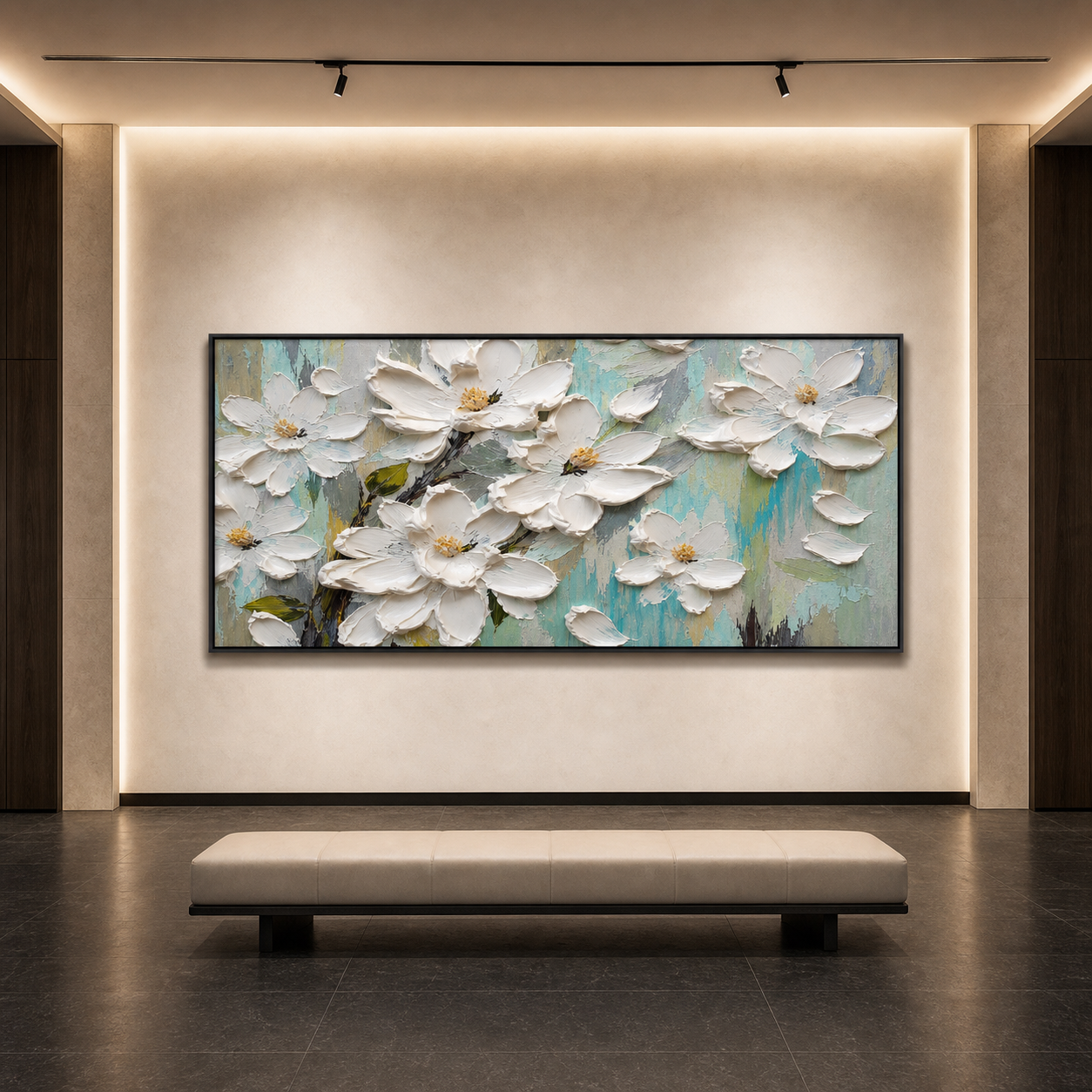 WHITE MAGNOLIA BLOSSOMS: White Magnolia Textured Impressionist Panoramic Canvas