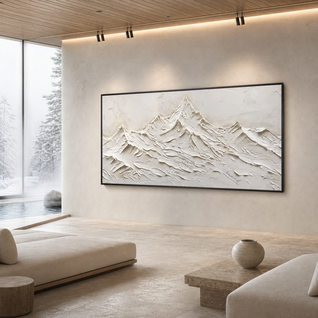 WHITE MOUNTAINS: Heavily Textured White Abstract Mountains Minimalist Canvas