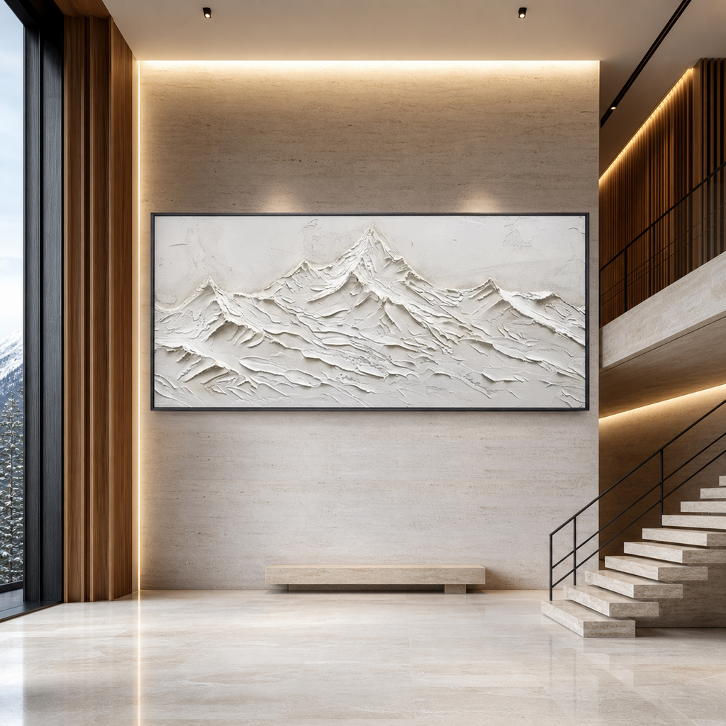 WHITE MOUNTAINS: Heavily Textured White Abstract Mountains Minimalist Canvas