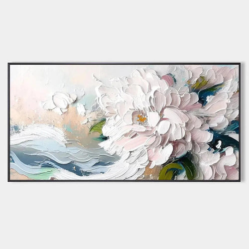 Textured impasto white peony painting with pink hues, panoramic canvas art for romantic decor.