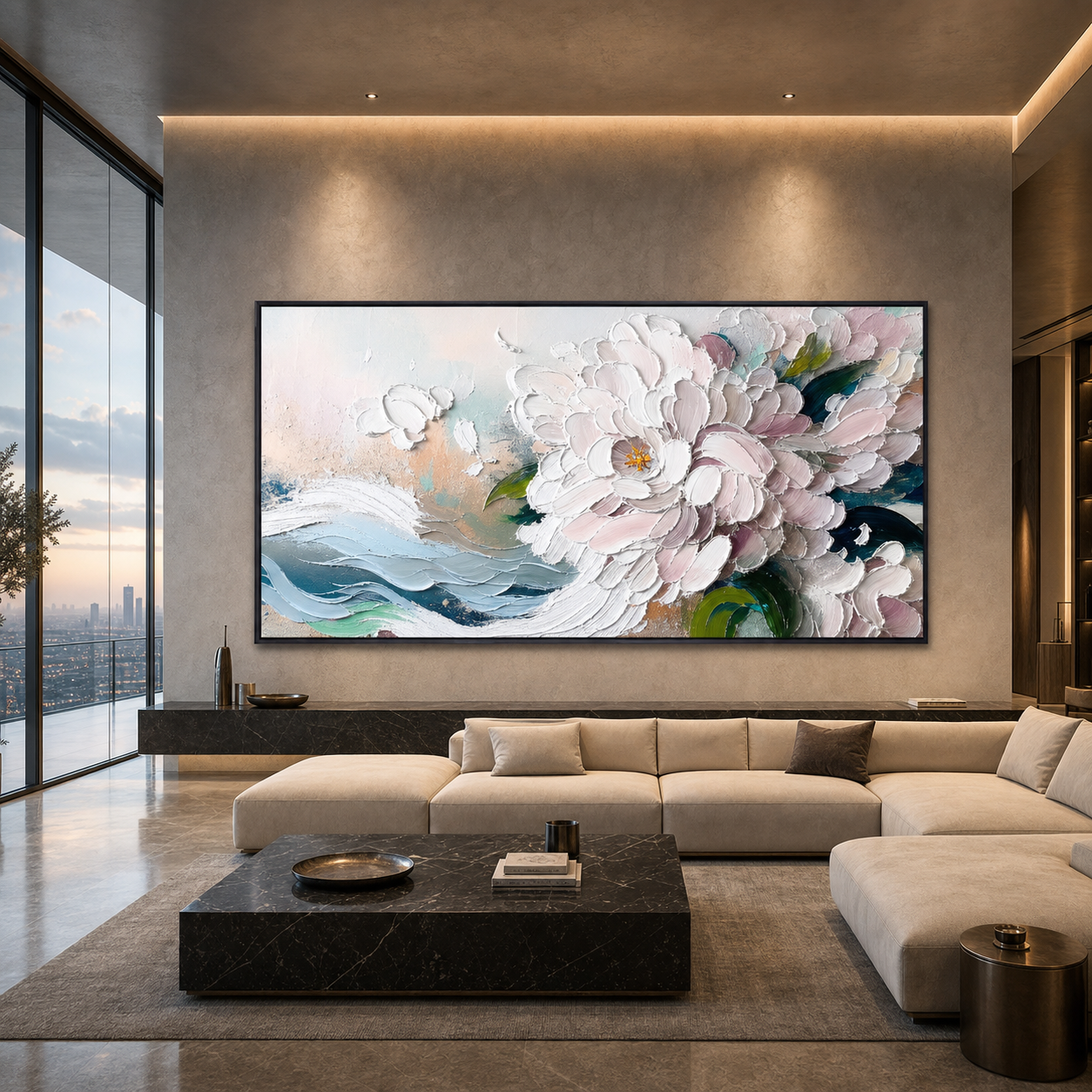 WHITE PEONY DREAM: Soft White Textured Peonies Panoramic Canvas