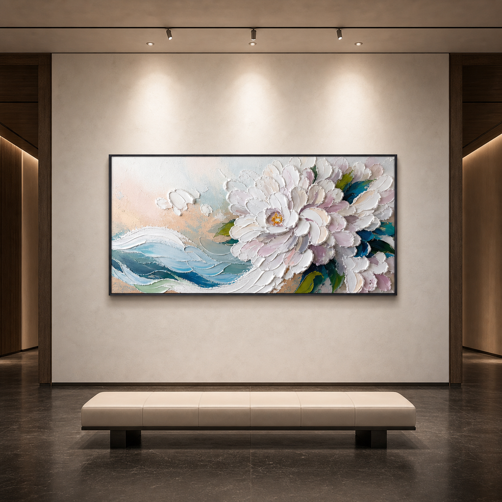 WHITE PEONY DREAM: Soft White Textured Peonies Panoramic Canvas