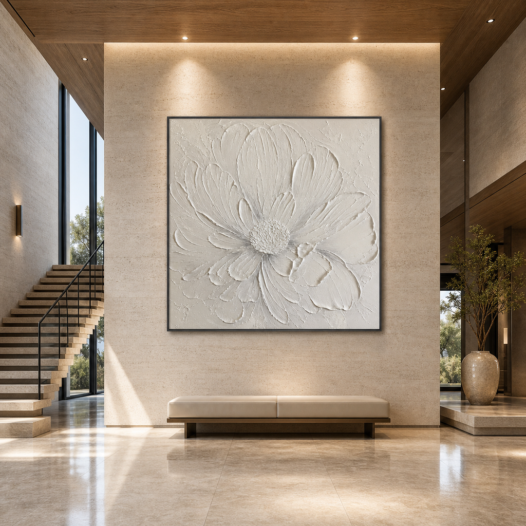 WHITE PEONY: Textured Single White Impasto Peony Canvas