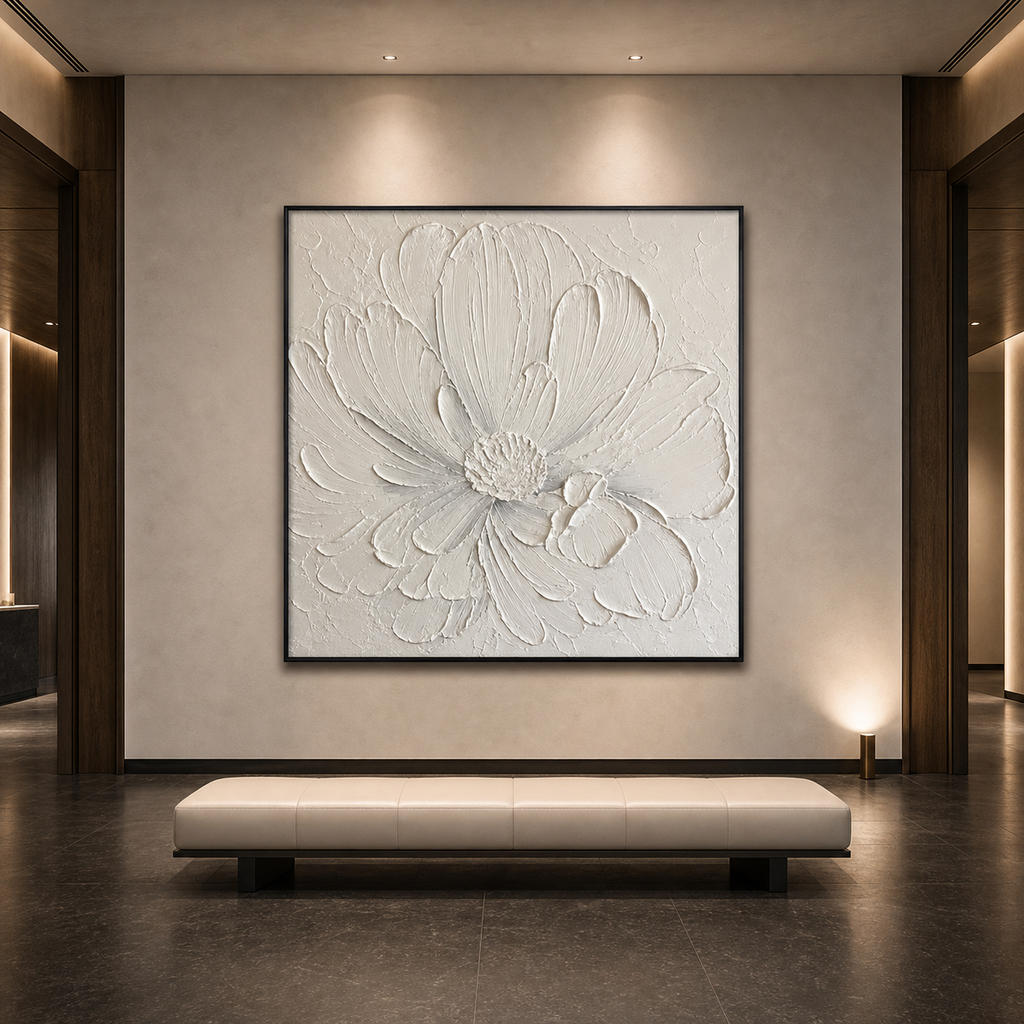 WHITE PEONY: Textured Single White Impasto Peony Canvas