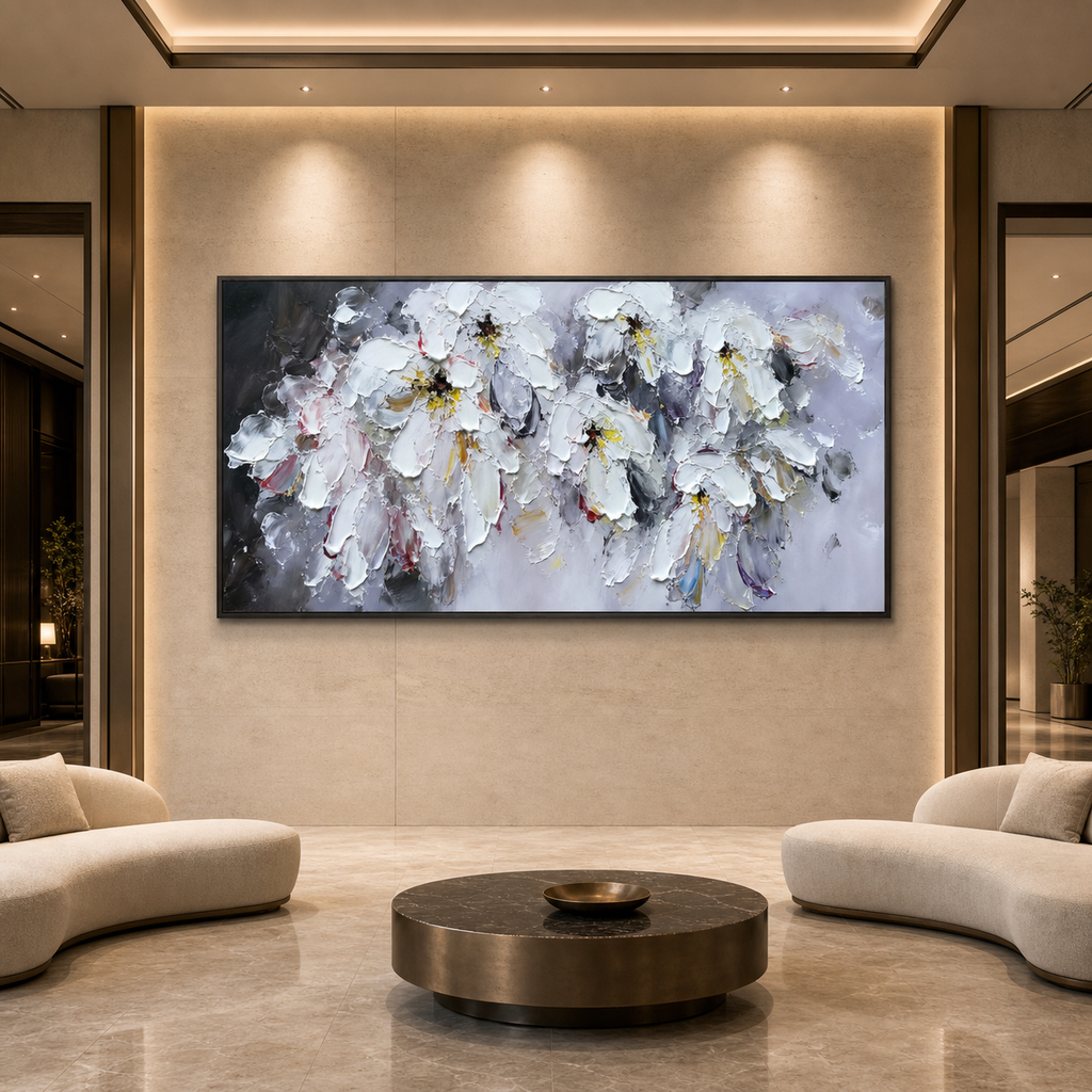 WHITE PETAL DREAM: Soft White Impasto Flowers Textured Panoramic Canvas