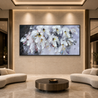 WHITE PETAL DREAM: Soft White Impasto Flowers Textured Panoramic Canvas