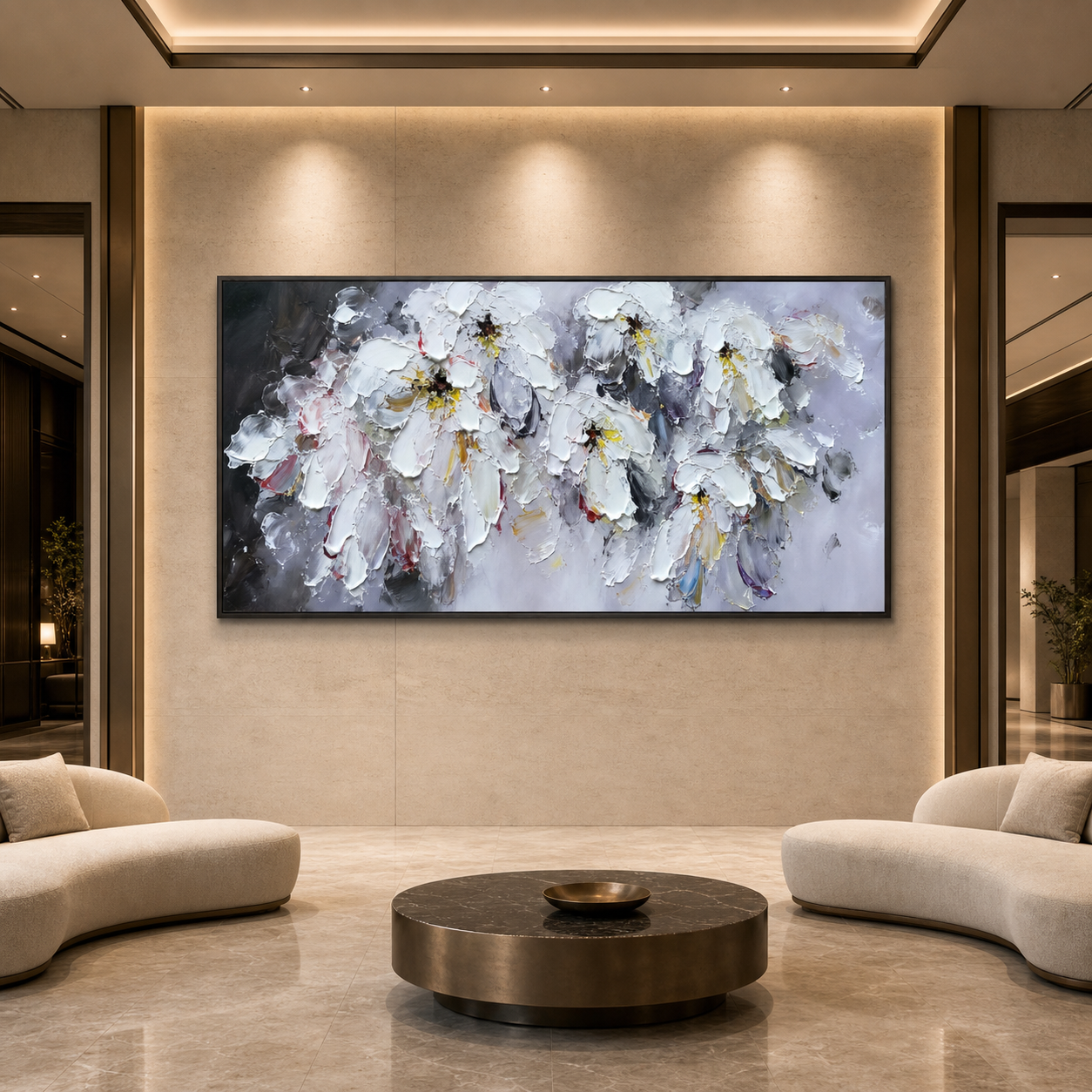 WHITE PETAL DREAM: Soft White Impasto Flowers Textured Panoramic Canvas