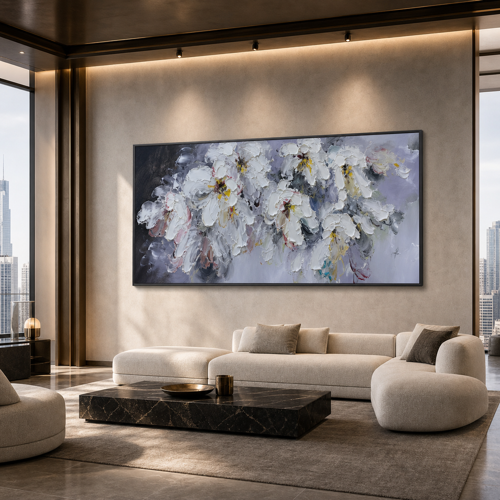 WHITE PETAL DREAM: Soft White Impasto Flowers Textured Panoramic Canvas
