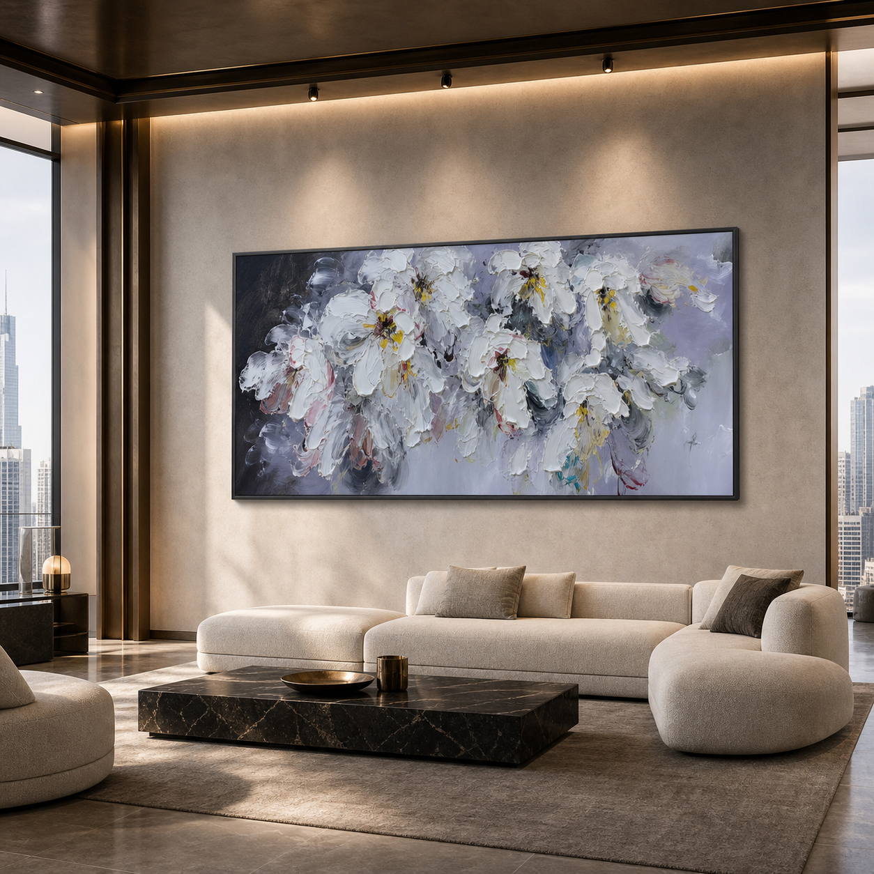 WHITE PETAL DREAM: Soft White Impasto Flowers Textured Panoramic Canvas