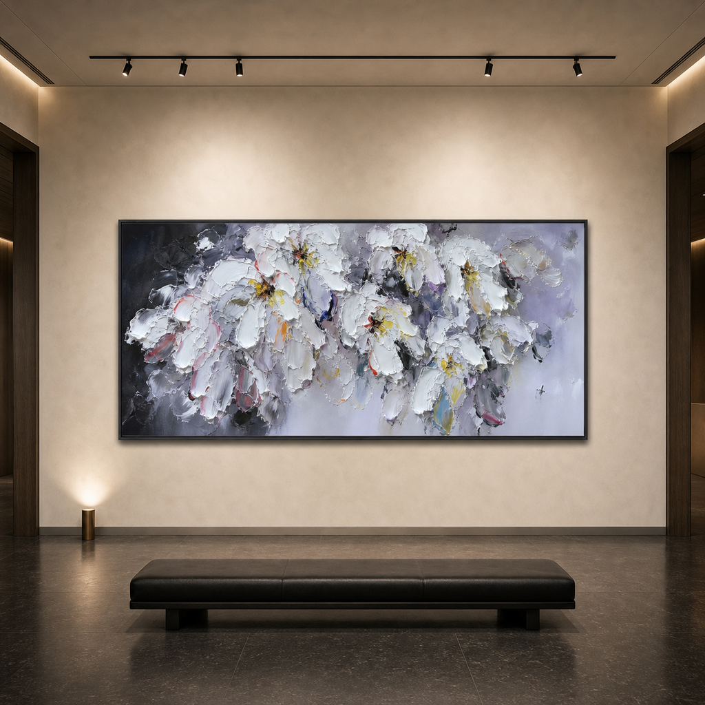 WHITE PETAL DREAM: Soft White Impasto Flowers Textured Panoramic Canvas