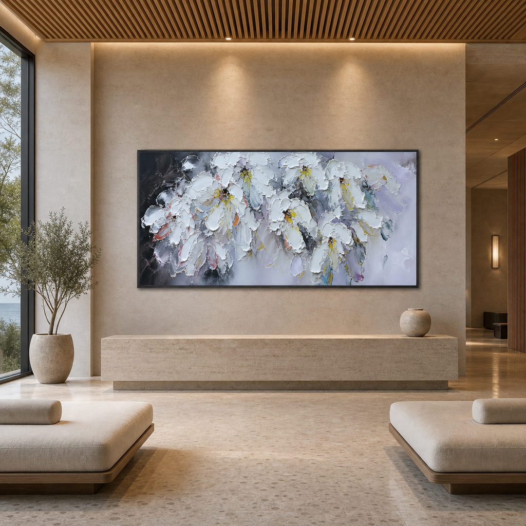 WHITE PETAL DREAM: Soft White Impasto Flowers Textured Panoramic Canvas