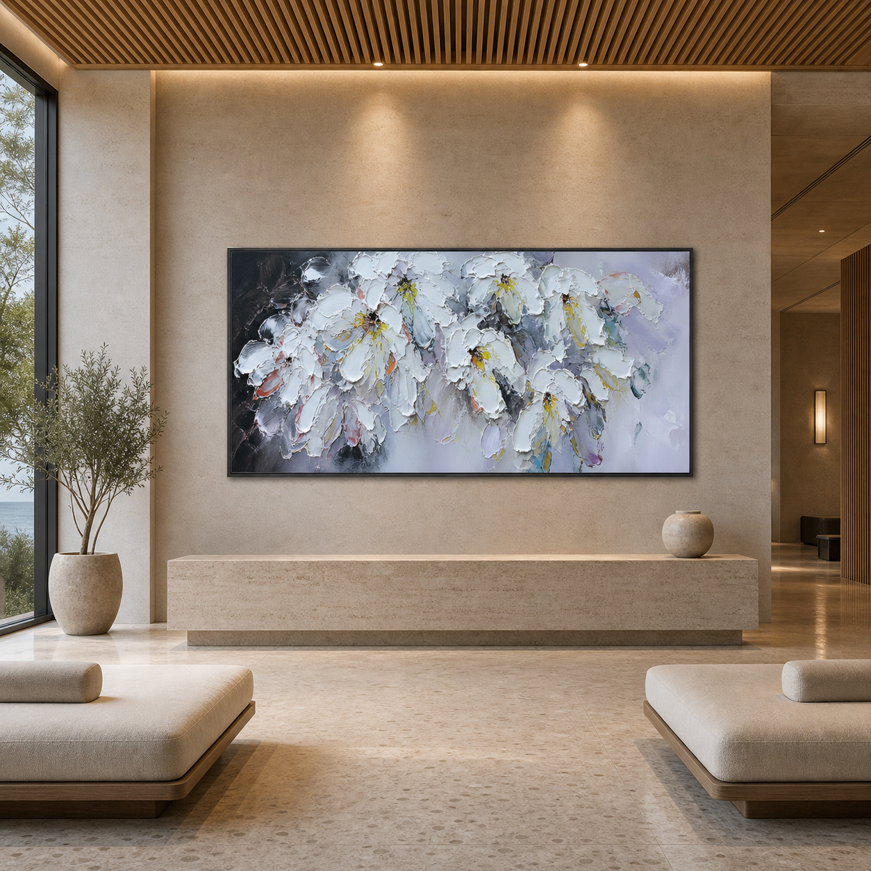 WHITE PETAL DREAM: Soft White Impasto Flowers Textured Panoramic Canvas