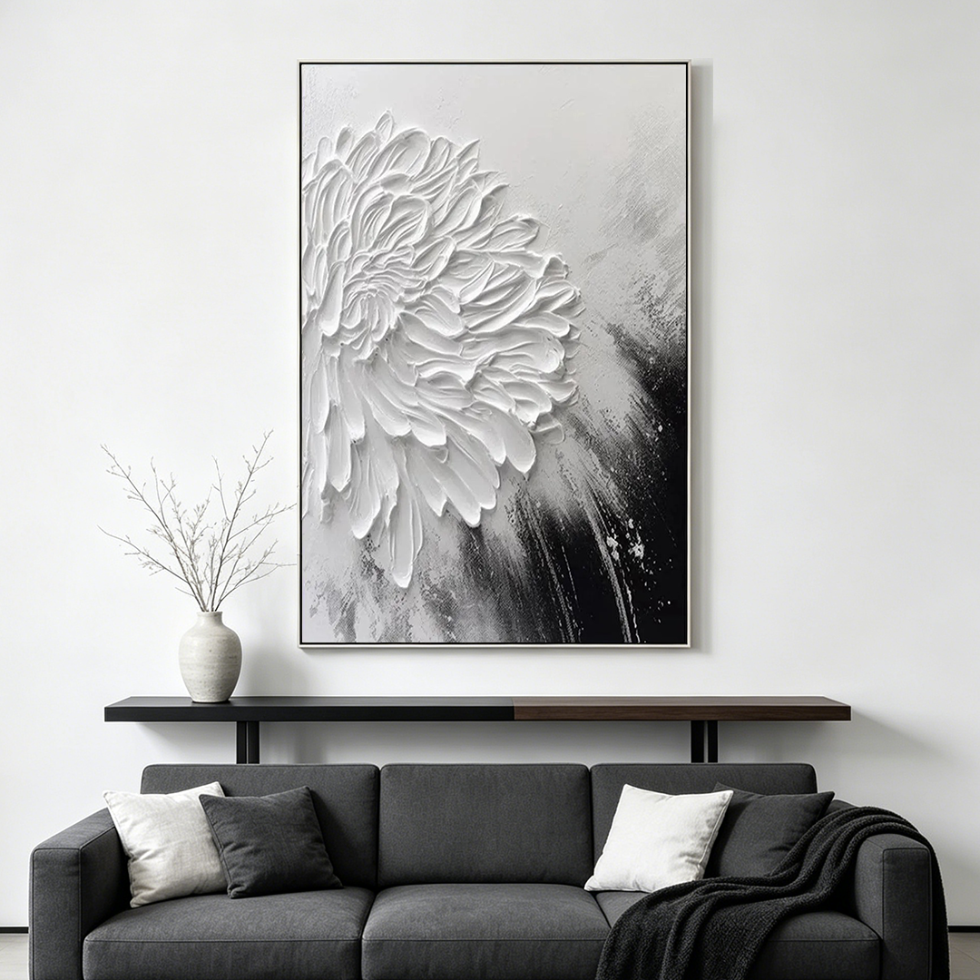 WHITE BLOOM: 3D Floral Impasto Painting, Vertical Wall Art