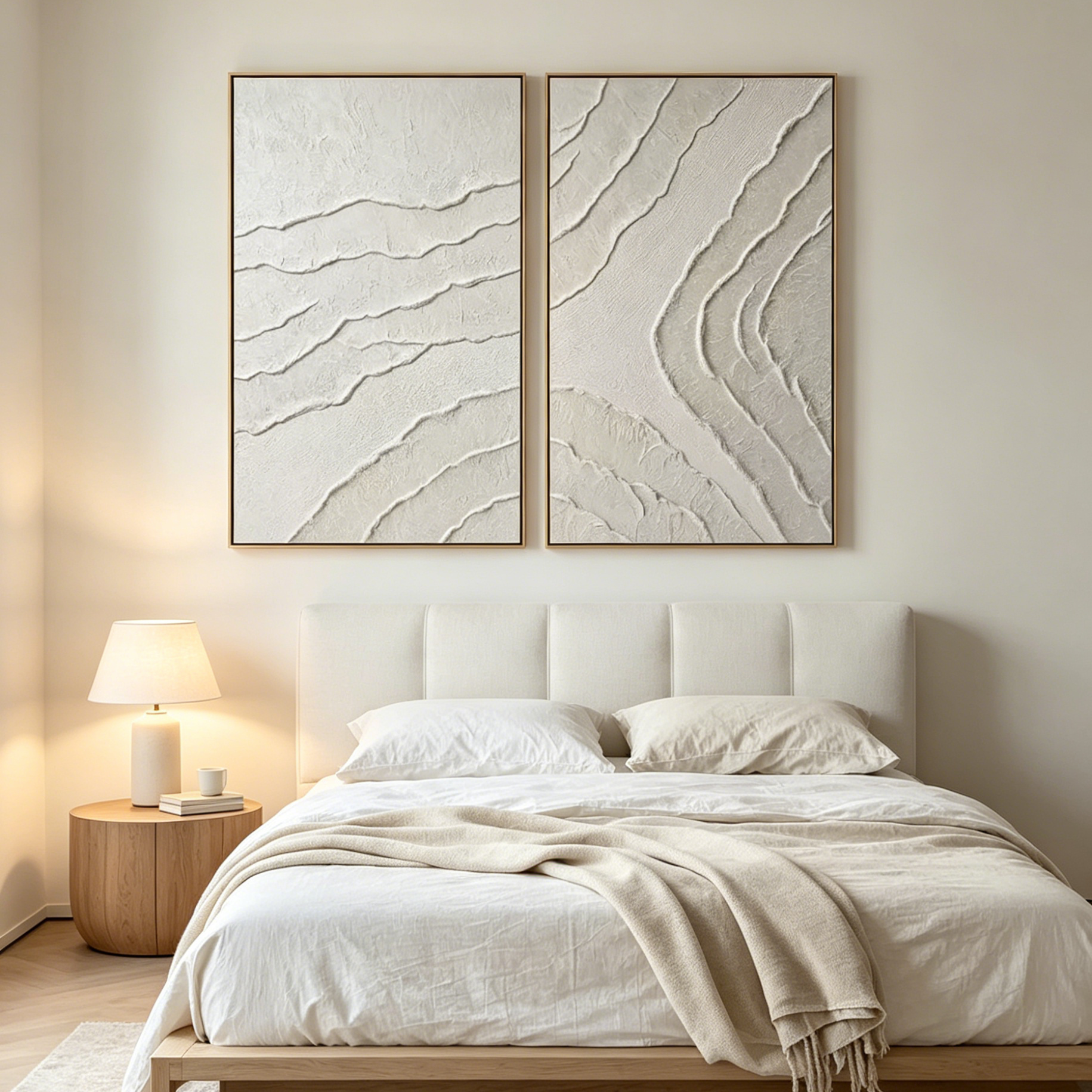 WHITE LINES: Raised Impasto Lines White Canvas Set of 2