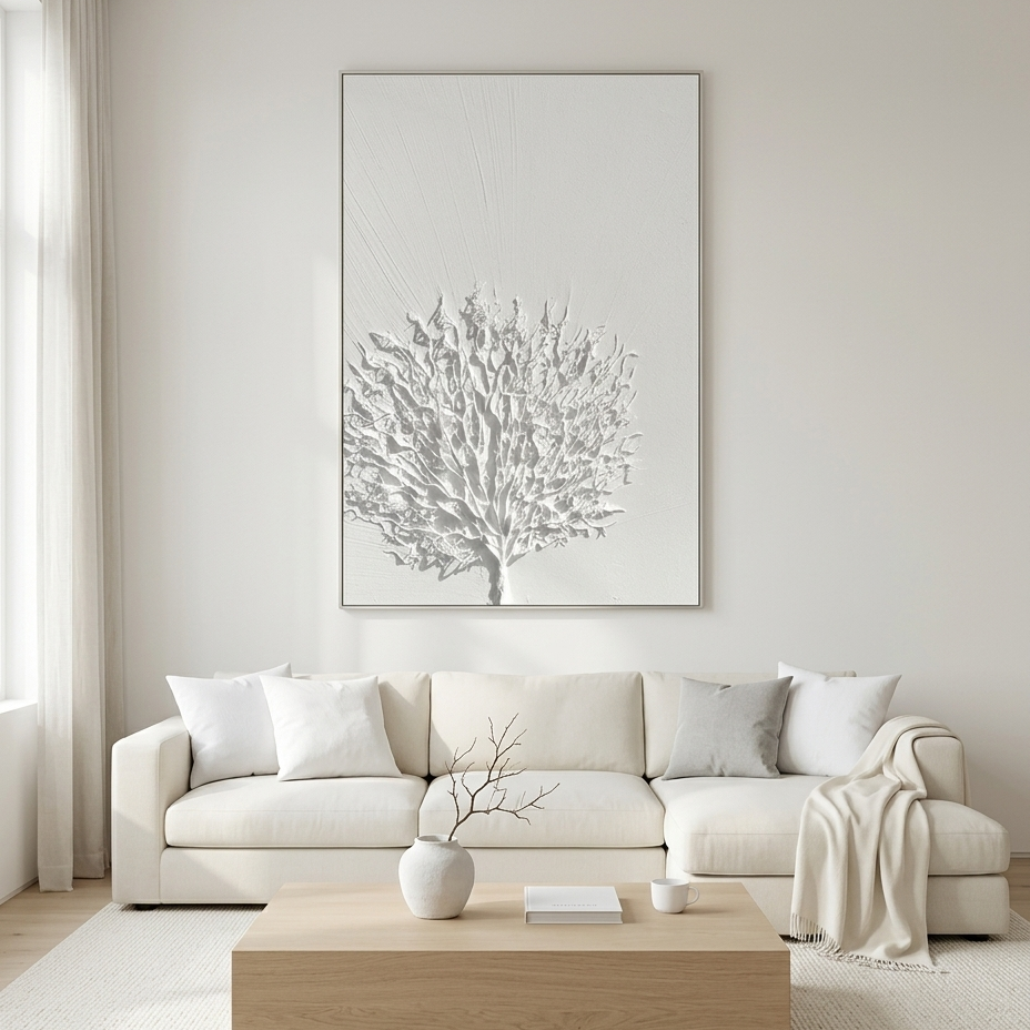 WHITE TEXTURED TREE: Minimalist Impasto Pristine White Branching Canvas