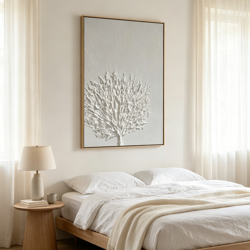 WHITE TEXTURED TREE: Minimalist Impasto Pristine White Branching Canvas